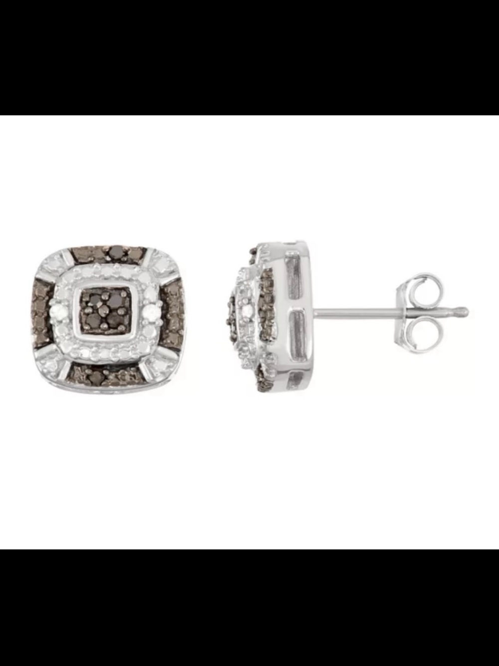Sterling Silver Black and White Diamond Cushion Halo Stud Earrings